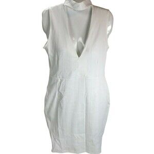 Missguided White Ribbed knit Bodycon dress Choker V-Neck Size 4